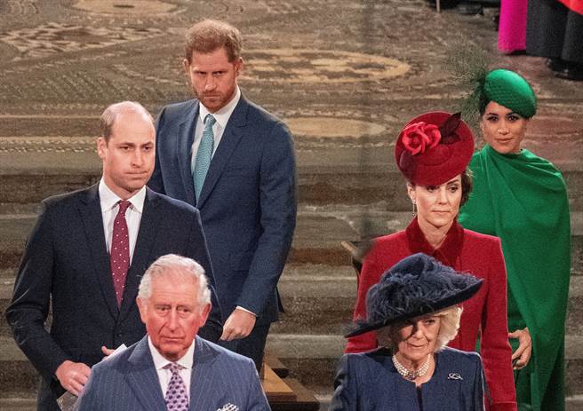 （由左至右）威廉、哈利，凱特和梅根這昔日的英國「王室人氣4人組」9日終於在倫敦合體，不過瀰漫著緊張的氣氛。（路透）