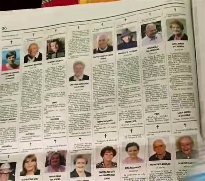 義大利新冠肺炎疫情嚴重，北部小鎮貝加莫地方媒體《貝加莫回聲報》3月13日的訃聞版竟多達10頁。（圖／路透社）