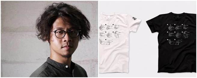 陈时中的设计师儿子陈彦安（左图）日前替Wecare高雄绘制一款「洗手罢韩」T恤（右图）。（取自陈彦安脸书、Wecare高雄／袁庭尧高雄传真）。