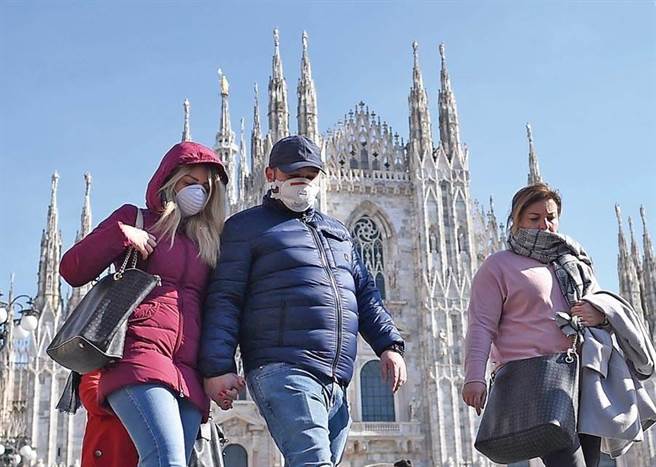 义大利疫情失控。图为民眾戴口罩走过米兰大教堂。（新华社）