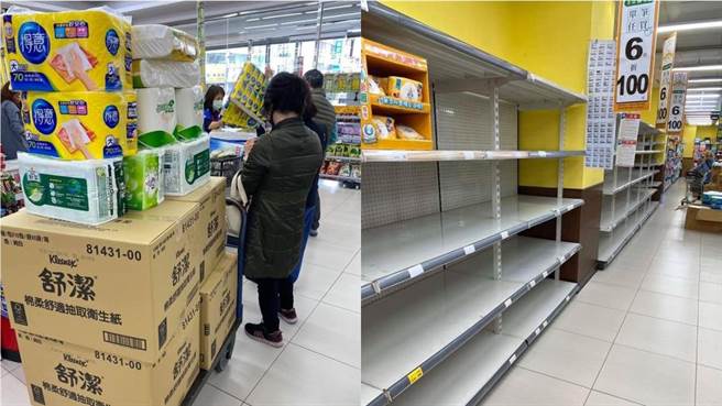 网友目击一名大妈自备手推车抢囤卫生纸，让人超傻眼。(图／翻摄自爆怨公社)

