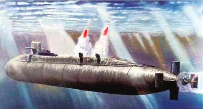 解放军海军新型核潜艇试射巨浪-3的示意图。（兵工科技）