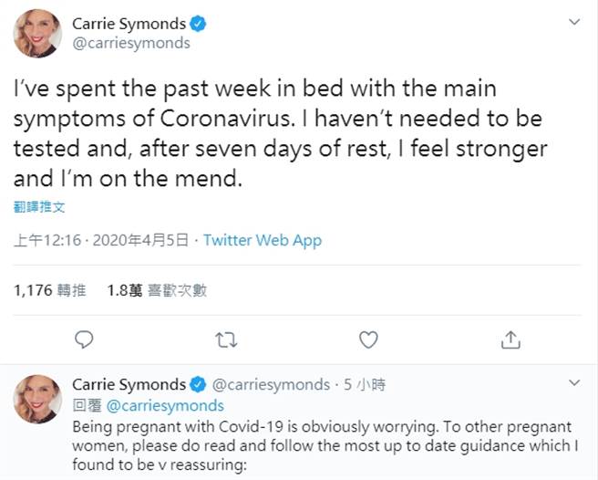 强生女友席孟兹推特证实出现染疫徵状。（图／席孟兹推特）