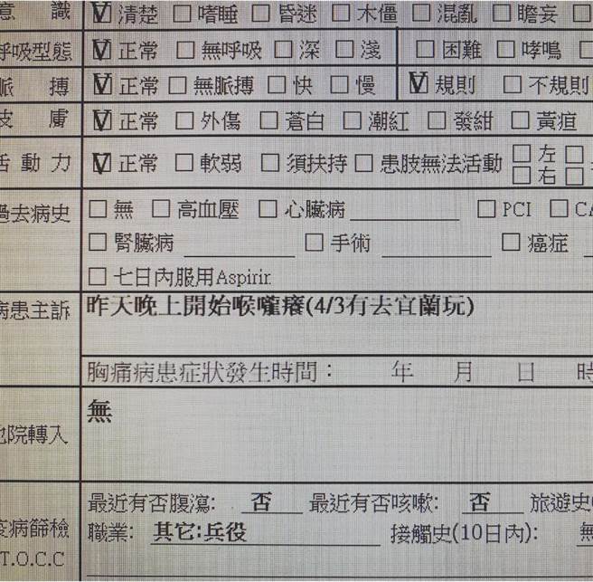 田知学po出一张检查单，病患主诉自己4月3日曾去宜兰玩。看到这个主诉她傻眼了。(图撷自布农Doc 田知学)