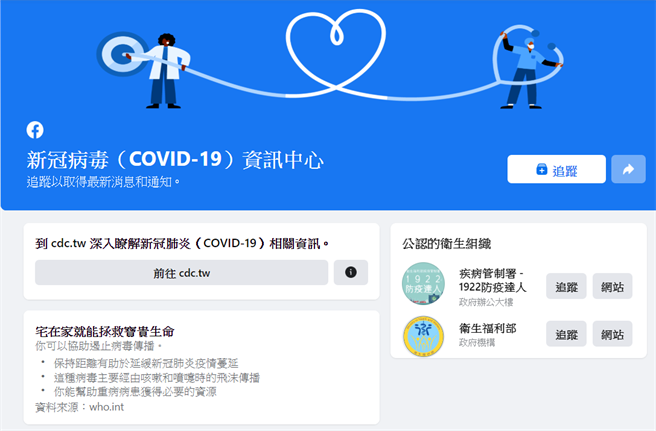 Facebook启用新型冠状病毒资讯中心，提供最新防疫资讯。(Facebook提供／黄慧雯台北传真)