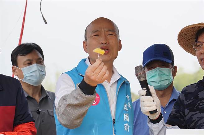 高雄市长韩国瑜（中）3日关心凤梨外销状况，当场试吃新鲜凤梨。（资料照，柯宗纬摄）