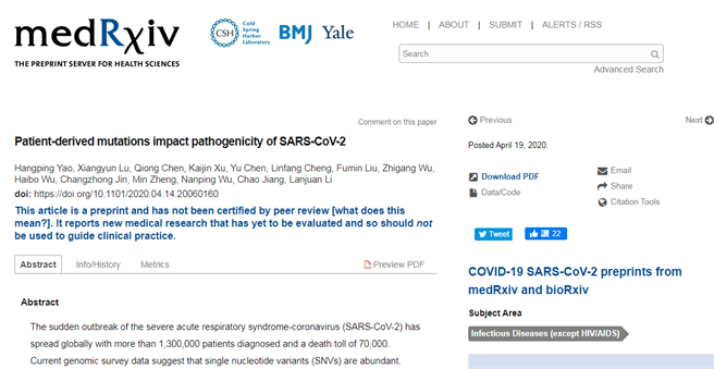 大陆中国工程院院士李兰娟团队在论文预印平台medRxiv刊发论文指出，新冠病毒已经出现能够确实影响其致病性的重大突变。（图／medRxiv官网）