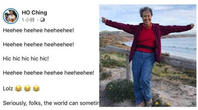 新加坡总理夫人何晶，在脸书用一连串的「嘻嘻」表示，「这世界真的非常有趣！」（图／摘自HO Ching脸书)