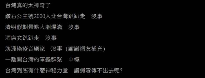 酒店女公关案监测期满，123位接触者採检全阴性，宣布结案。眾人惊呼：太神奇了！看来台人真有「天生神力」。（摘自PTT）