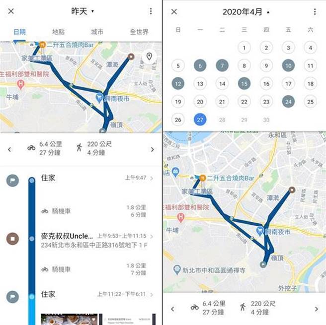 Google 地图时间轴，协助记录每一个时间点的足迹与路径。(Google提供／黄慧雯台北传真)