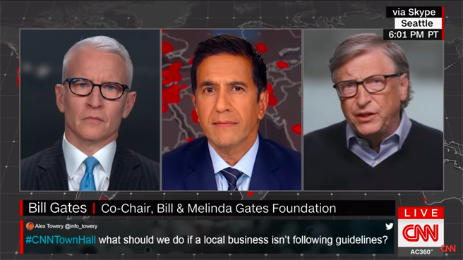 比尔盖兹(右)接受CNN主播库柏(左)连线访问时表示，美国在病毒检测上比很多亚洲国家都差了许多，其中有效率与优先顺序问题，也有贫富差距问题。画面中央是医学专家桑杰．古普塔博士。（图／CNN截图）