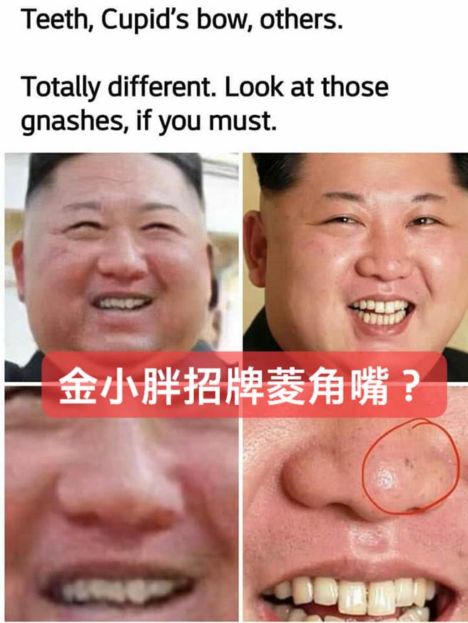 有网友贴出一张疑似金正恩替身及本尊的比对照，发现金小胖的招牌「菱角嘴」不见了！(图/摘自脸书)