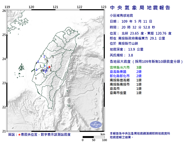 南投县竹山20:32规模3.8地震 最大震度云林县3级。(图/气象局)