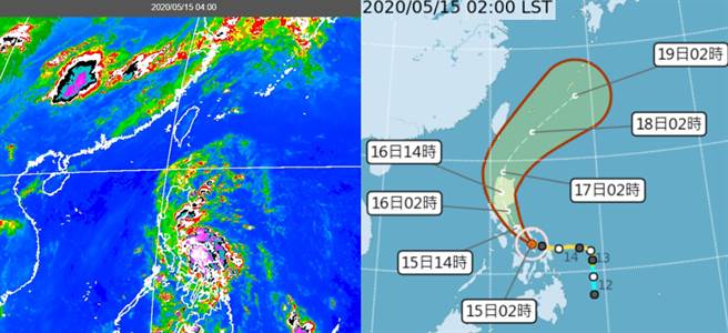 今(15日)晨4时红外线色调强化云图显示，台湾各地晴朗。「黄蜂」颱风眼已消失，云型逐渐松散、强度持续减弱中(左图)。今(15)日2时中央气象局「潜势预测图」(右图)显示，「黄蜂」未来持续减弱，并在吕宋岛附近向北迴转，进入巴士海峡，再转向东北加速离去。(图撷自吴德荣脸书)