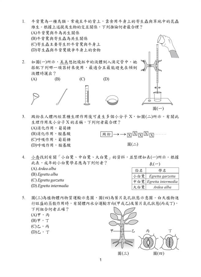 109國中會考自然科試題一覽(一)/國中教育會考推動工作委員會 提供