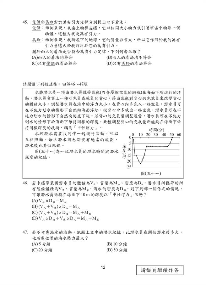 109國中會考自然科試題一覽(十二)/國中教育會考推動工作委員會 提供
