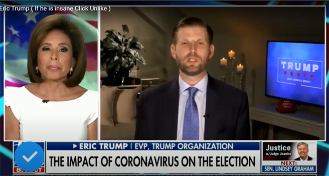 美川普总统次子艾瑞克．川普接受电视连线访问时声称，新冠疫情完全是捏造的骗局，因为对手藉此限制川普的支持者参加竞选造势活动，而这正是他的父亲最厉害的竞选工具。（图／新闻影片截图）