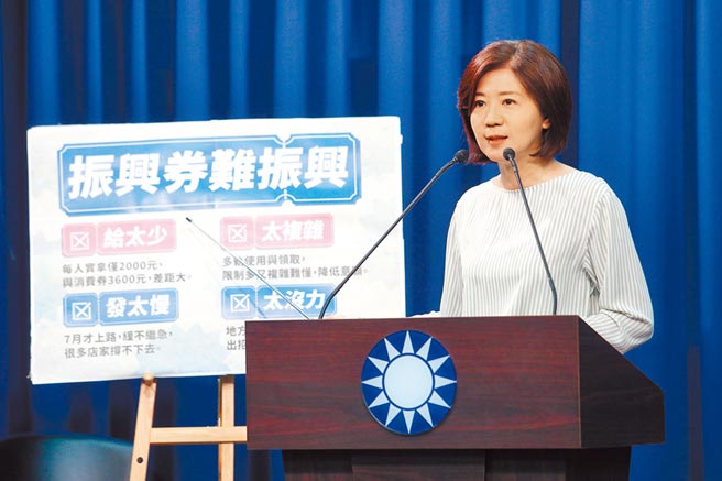 国民党文传会主委王育敏27日抨击行政院的振兴券政策，有「给太少、发太慢、太复杂、太没力」等4大问题，重蹈纾困方案的覆辙，呼吁应以快速、直接、简单、有效为原则，发放6000元现金，才能真正达到促进消费、振兴经济的目的。（黄世麒摄）