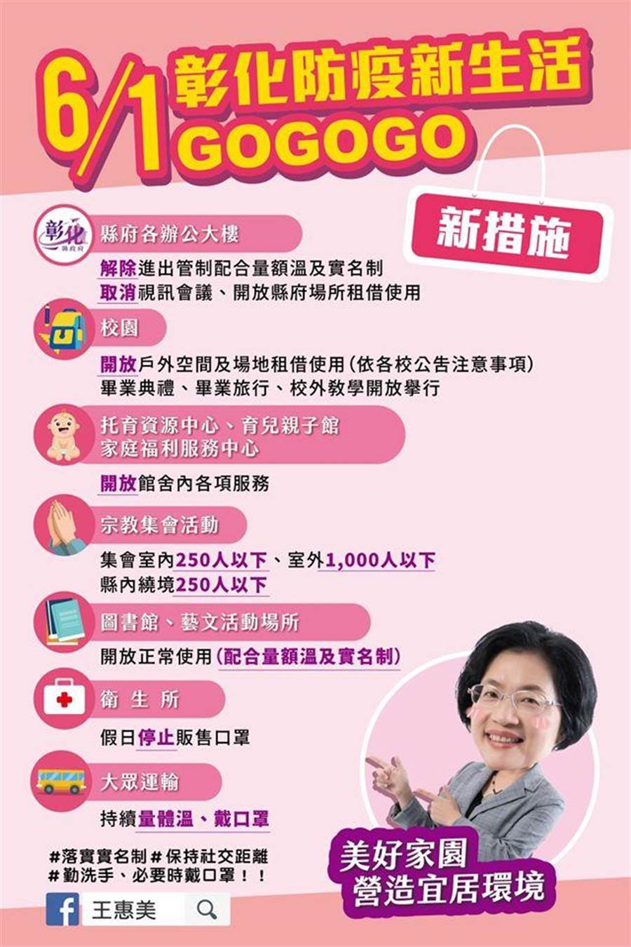 彰化縣長王惠美也在臉書公布新的防疫措施。（吳建輝攝）