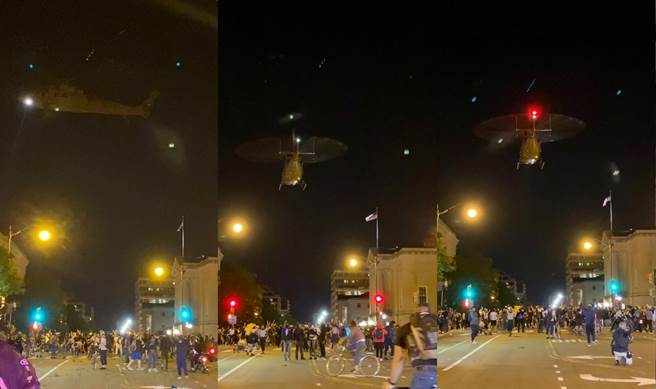 美国军用直升机1日在华盛顿特区低空飞行，不断在抗议群眾头上盘旋，图为相关画面拼贴照。（TWITTER @MARIELCG3/路透）