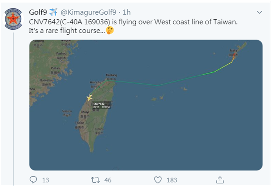 已追踪飞行轨迹闻名的「Golf9」在推特公布此运输机飞行路线。（摘自「Golf9」推特）