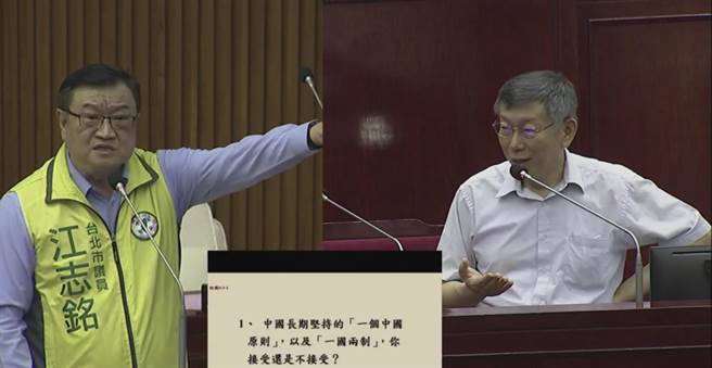 台北市長柯文哲（右）11日備詢說，蔡英文總統在一國兩制及護照、華航的正名，蔡英文總統做法跟他有何差別。（摘自北市議會直播／張穎齊台北傳真）