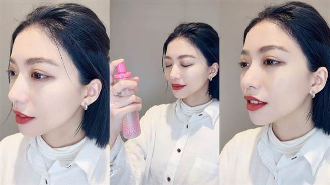 补妆时使用高肌能甦活水喷雾可消灭油光，同时让底妆更服贴、更有光泽感。图左为使用喷雾前，图右为使用后，可看出肌肤增添光泽感。（图／邱映慈摄影）