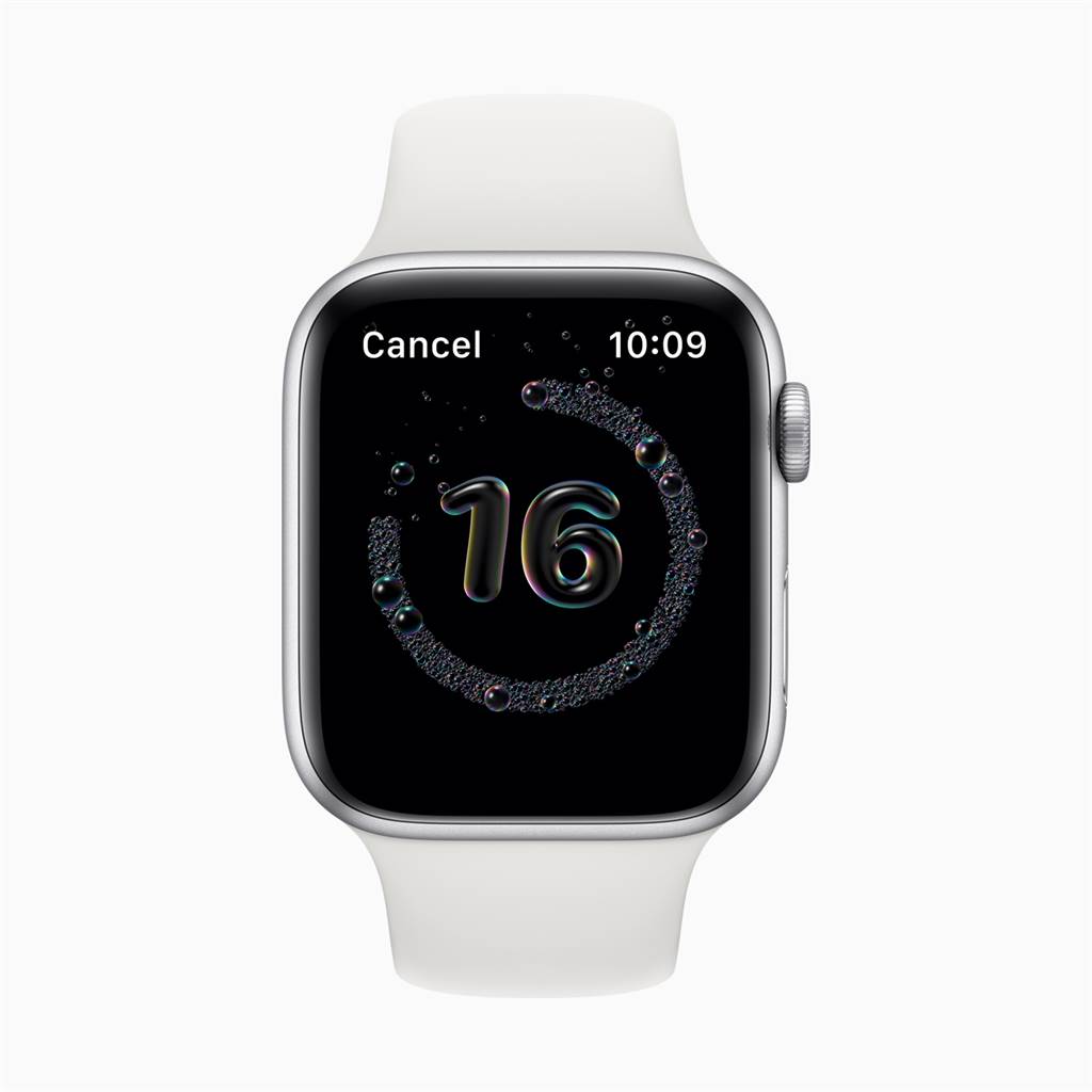 運行watchOS 7的Apple Watch可⾃動偵測到洗⼿動作後，並會啟動 20 秒的計時器。（摘自蘋果官網）
