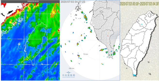今晨4：30紅外線雲圖顯示，台灣上空有稀疏的高層雲(左圖)。4：37林園雷達回波合成圖顯示，西南部沿海有零星降水回波(中圖)。4：30累積雨量圖顯示，西南部有局部少量降雨(右圖)。(圖擷自吳德榮專欄)