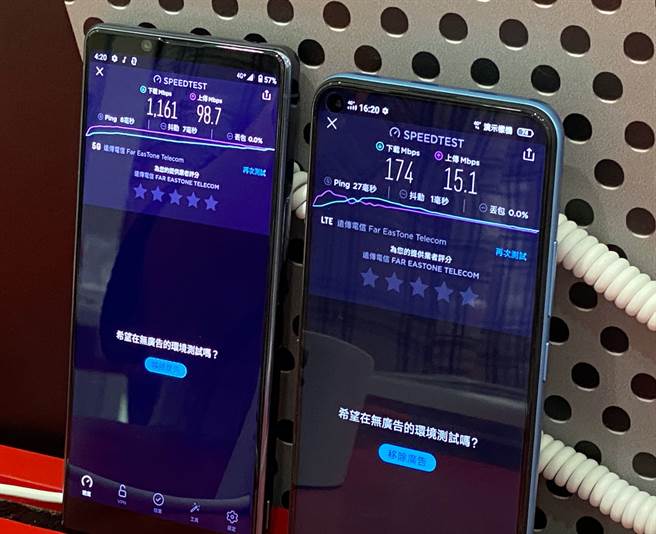 5G手机（Sony Xperia 1 II(左））与4G手机测速结果比较。（黄慧雯摄)