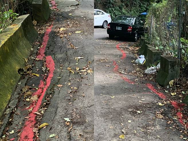 北市交工处在奇岩路上临时划设红线，遭人质疑是民眾自行划设。(照片/温泉里里长 许智全 提供)
