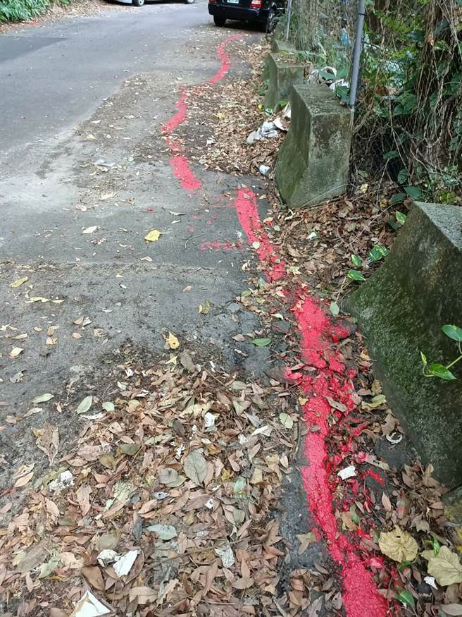 奇岩路上红线被划设歪七扭八，民眾质疑非官方所划设。(照片/取自《台北之北投帮》社团)