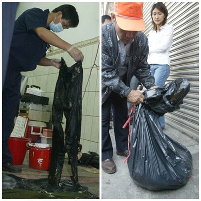 陈金火机车行化粪池内捞出被害人施姓女保险员的衣物(左图)；陈金火机车行化粪池内捞出施姓女保险员的尸块(右图)。(中时资料库)