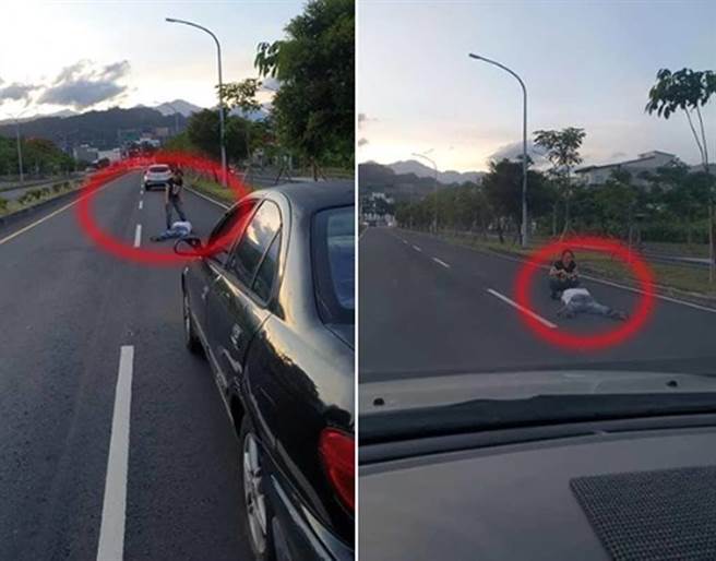 大热天竟然有人正面朝下趴在柏油路上！台东市民代表潘颐频日前行经马亨亨大道接近志航路口时，赫然发现一名男子趴在快车道上，下一大跳。（照片来源：潘颐频脸书）