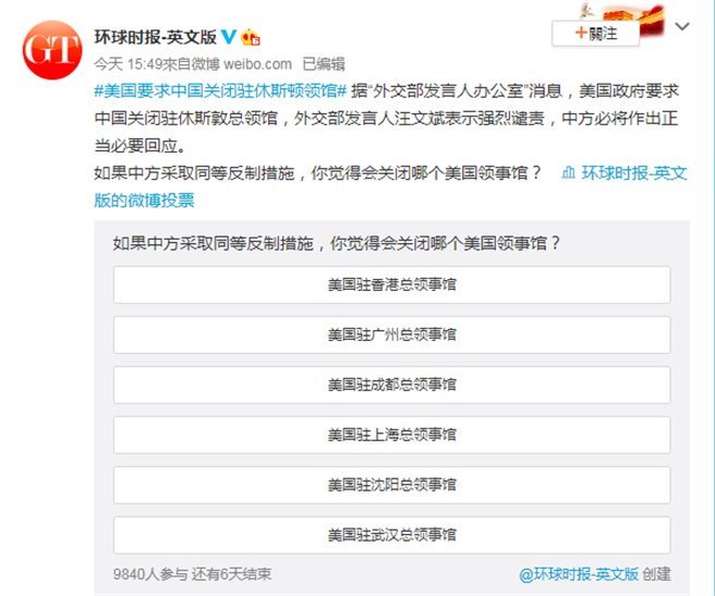 陆媒在网上设置网路投票选择关闭美驻陆总领事馆，短短数小时有上万网民投票，绝大多数网民都选「香港」。（图／微博截图）