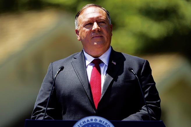 美国国务卿蓬佩奥23日在加州尼克森总统图书馆发表演说大力批评中共，被形容是「讨共檄文」、「新铁幕演说」。（美联社）