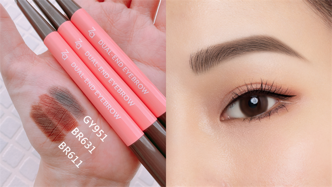 Za「3D塑型两用眉笔」手部试色和妆效。（图／邱映慈摄影、品牌提供）