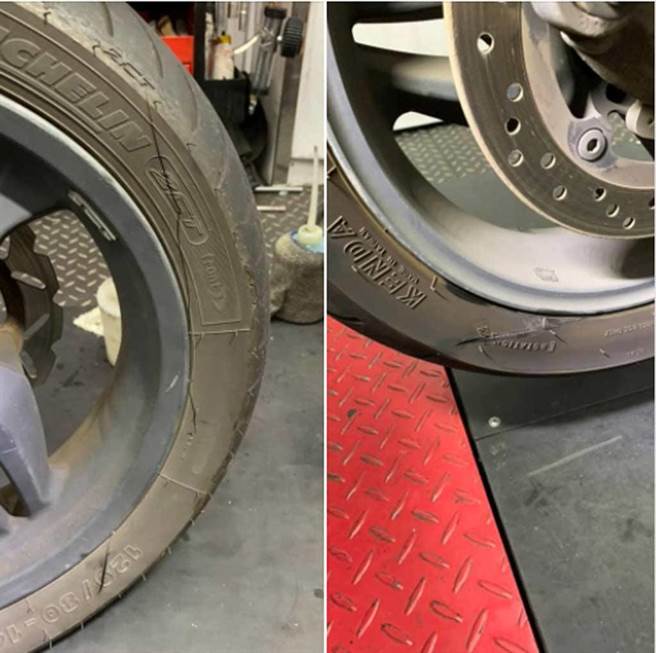 政府规定大型重型机车必须停在汽车停车格内，但有些重机按规定停汽车车位，却会被人眼红破坏，一名重机车主在脸书社团贴出自己爱车轮胎遭划惨状。（照片来源：《木栅社团》脸书）