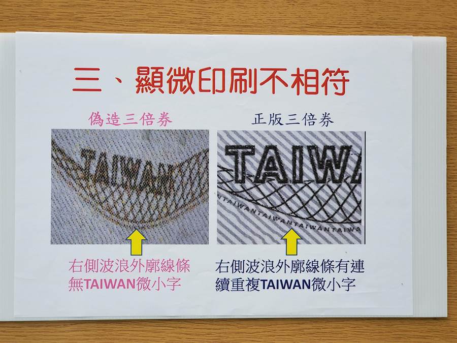 如果以放大鏡看，正版右側波浪外廓線條有連續重複「TAIWAN」的微小字樣，但假券沒有，只有模糊線條。（周麗蘭攝）