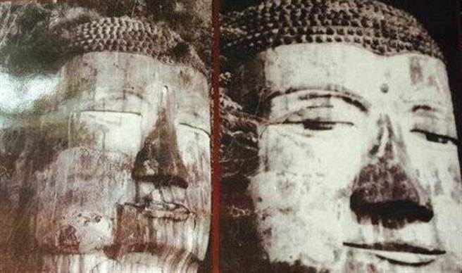 四川乐山大佛曾于大陆3年大饥荒时期与文革前发生两次「闭眼」的显灵事件，事后民眾认为大佛显灵必然预示有重大事件将发生。图为大佛面部的比较图，右为正常状态的大佛眼睛张开，左为大佛闭眼。大佛闭眼照片目前仍在乐山大佛博物馆中陈列。（图／网路）