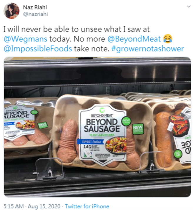 這位名為娜茲（Naz Riahi）的美國女子，日前到超市採買需要的食材，當她挑選的過程中，卻意外發現1項放在冷凍櫃上的食材「義式素食香腸」相當引起她的注意。(取自Twitter社群)