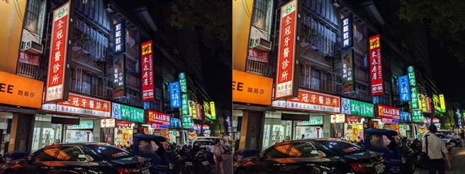 Google Pixel 4a（左）对比Pixel 4夜间实拍照（1）。（黄慧雯摄）
