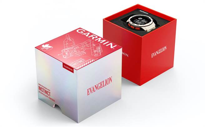 Instinct本我系列-新世纪福音战士 限定版外盒以手绘白色线稿呈现EVA机型细节，搭配剧场版以红色为主色调的设计。（Garmin提供／黄慧雯台北传真）

