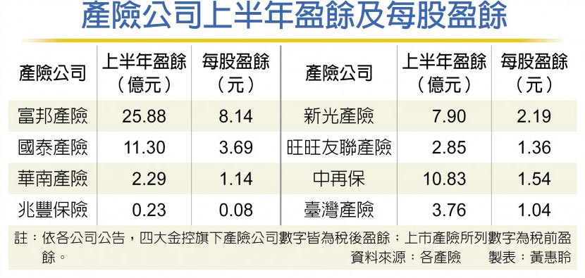 產險公司上半年盈餘及每股盈餘