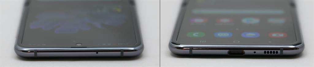 三星Galaxy Z Flip 5G頂端與底部機身。（黃慧雯攝）

