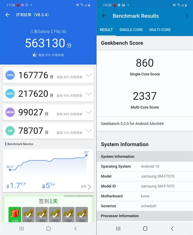 Galaxy Z Flip 5G在安兔兔评测（左）与Geekbench 5跑分结果。（手机截图）

