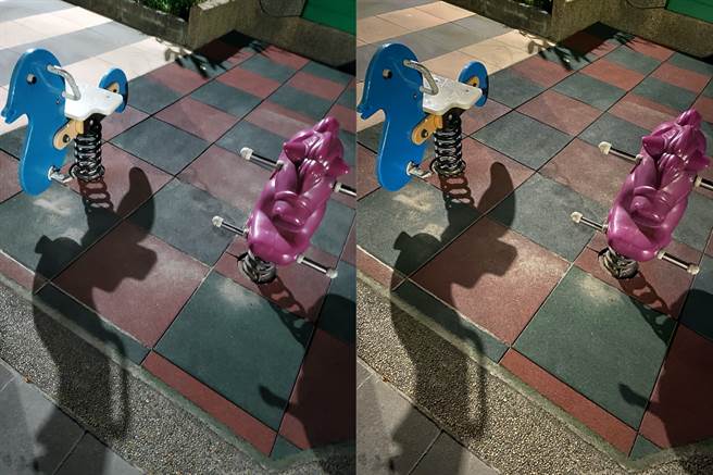 三星Galaxy Z Flip 5G(左）与iPhone 11 Pro Max夜拍对比（1）。（黄慧雯摄）
