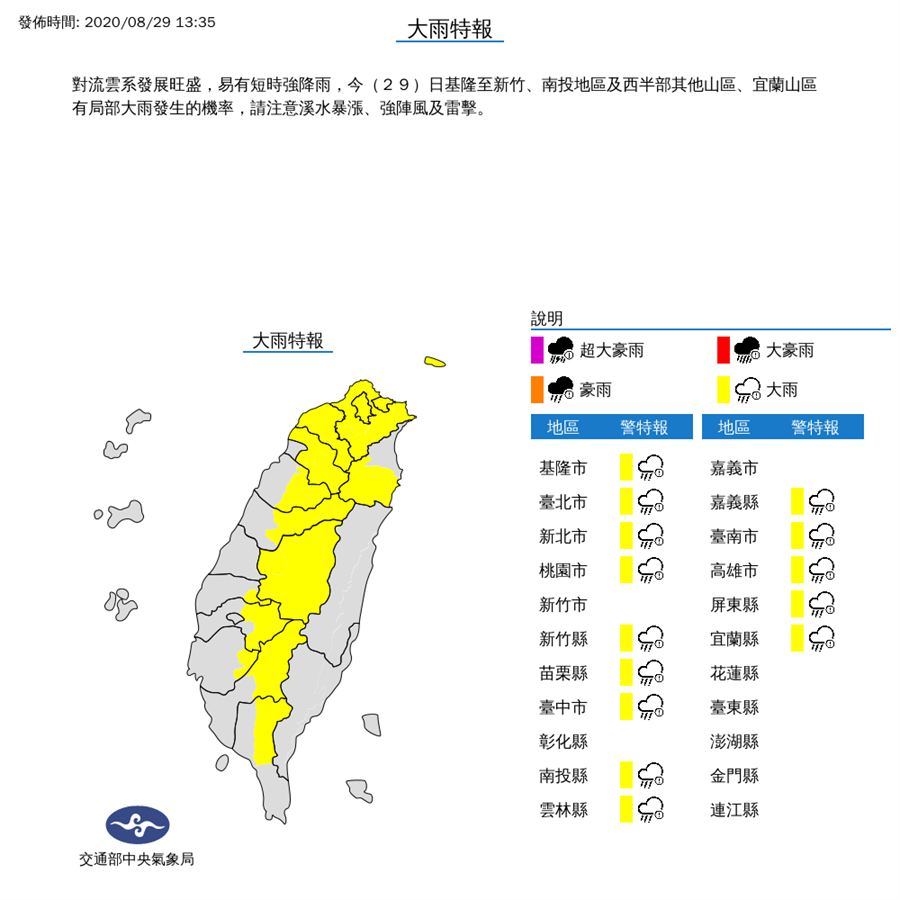 全台14縣市大雨特報。(中央氣象局)