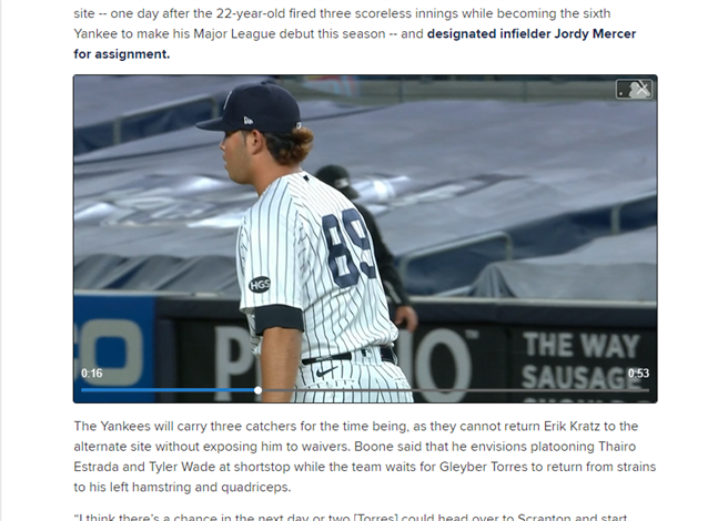 洋基队菜鸟投手札胡雷穿上背号89号球衣登板，创下另类大联盟纪录。（洋基官网撷图）