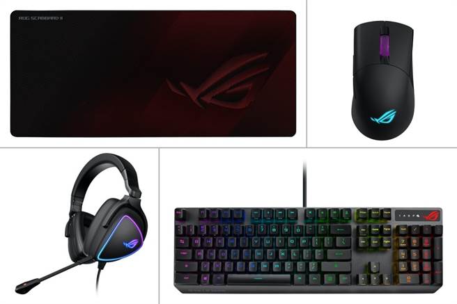 ROG Scabbard II滑鼠垫、ROG Keris Wireless滑鼠、ROG Delta S耳机、ROG Strix Scope RX键盘。（华硕提供／黄慧雯台北传真）
